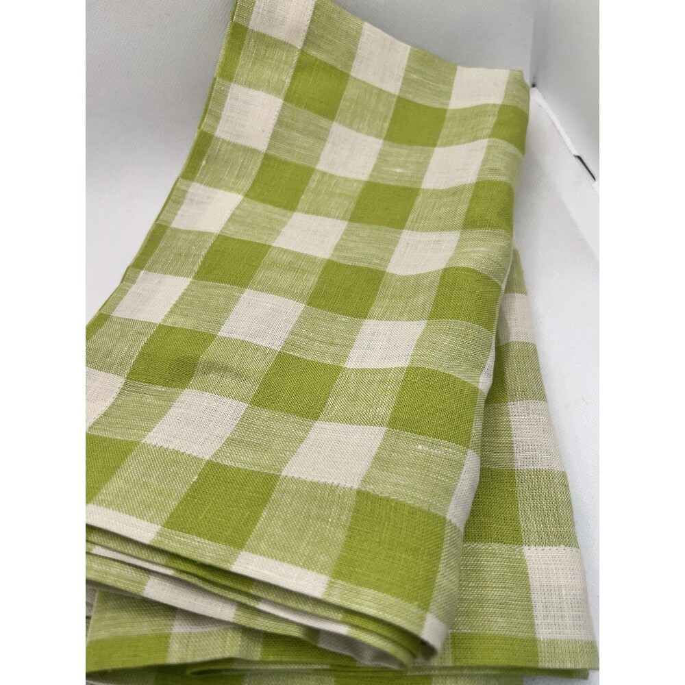 4 Solino Home 100% Pure Linen Dinner Napkins 20 x 20" green ivory check easter